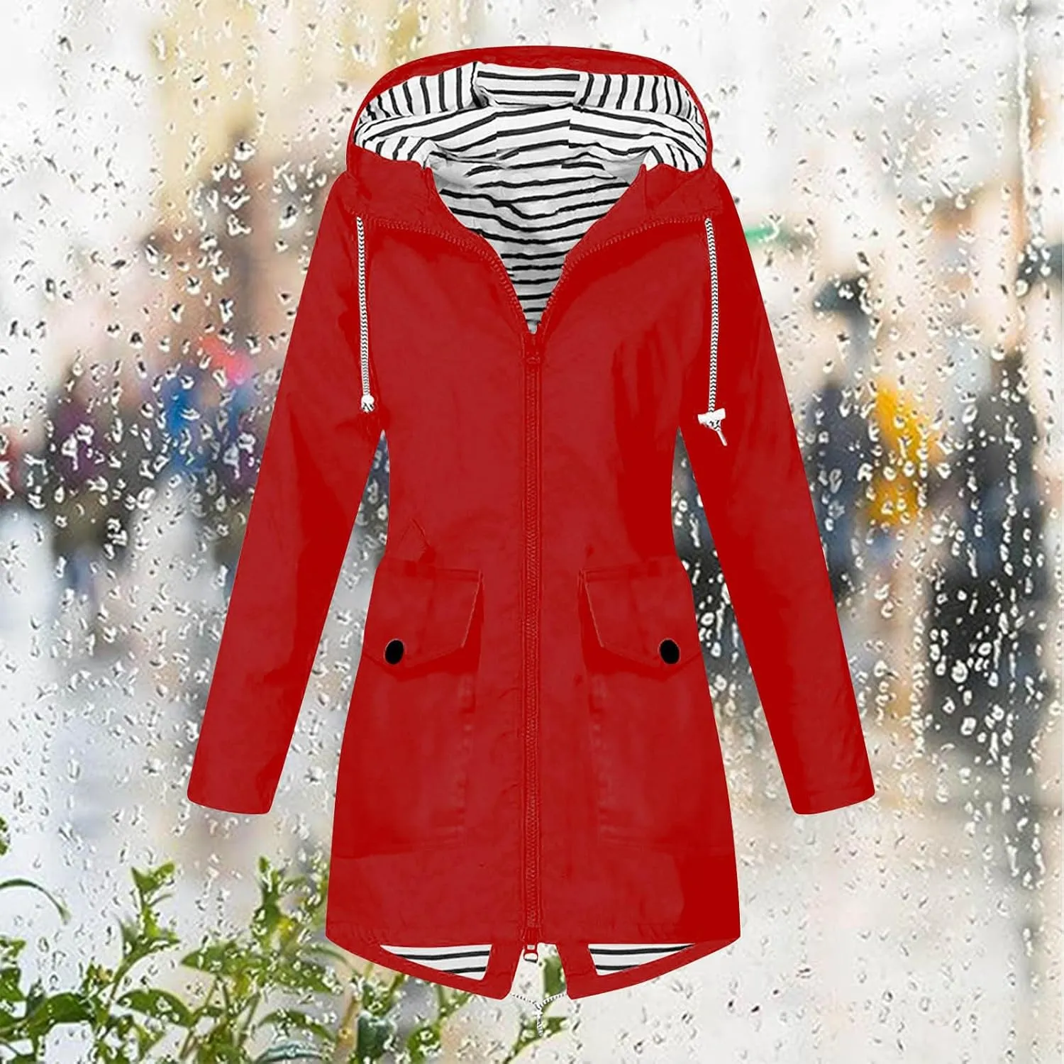 Womens Rain Coat Waterproof Dressy Zip Up Rain Jacket with Pockets Button Fall Raincoat Windbreaker with Hood