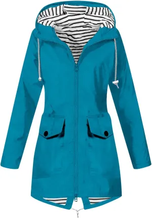 Womens Rain Coat Waterproof Dressy Zip Up Rain Jacket with Pockets Button Fall Raincoat Windbreaker with Hood