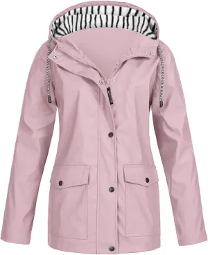 Womens Rain Jacket Waterproof Windproof Hooded Zip Up Raincoat Outdoor Hiking Fall Winter Trench Coat with Pockets
