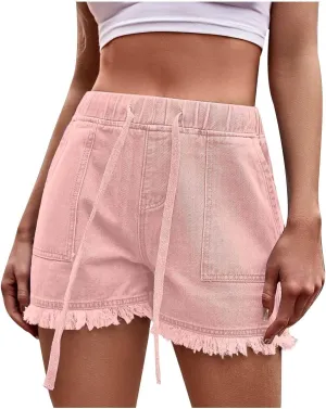 Womens Raw Hem Jean Shorts High Waisted Drawstring Casual Denim Short 2025 Summer Comfy Solid Short with Pockets