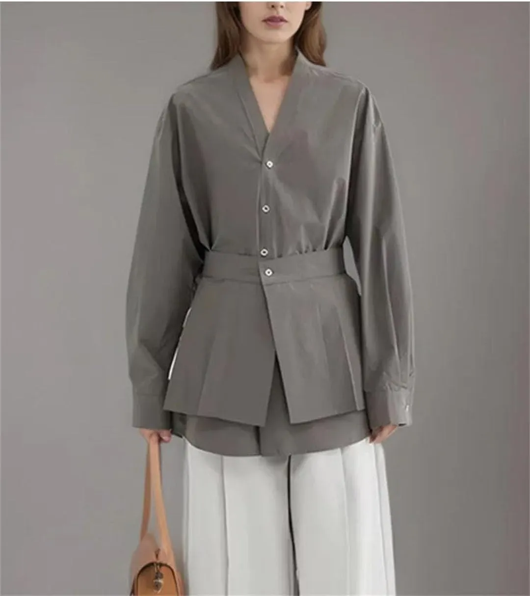 Women's Removable Waist Seal Shirt Lapel Loose Single Braested Long Sleeve Gray Blouse