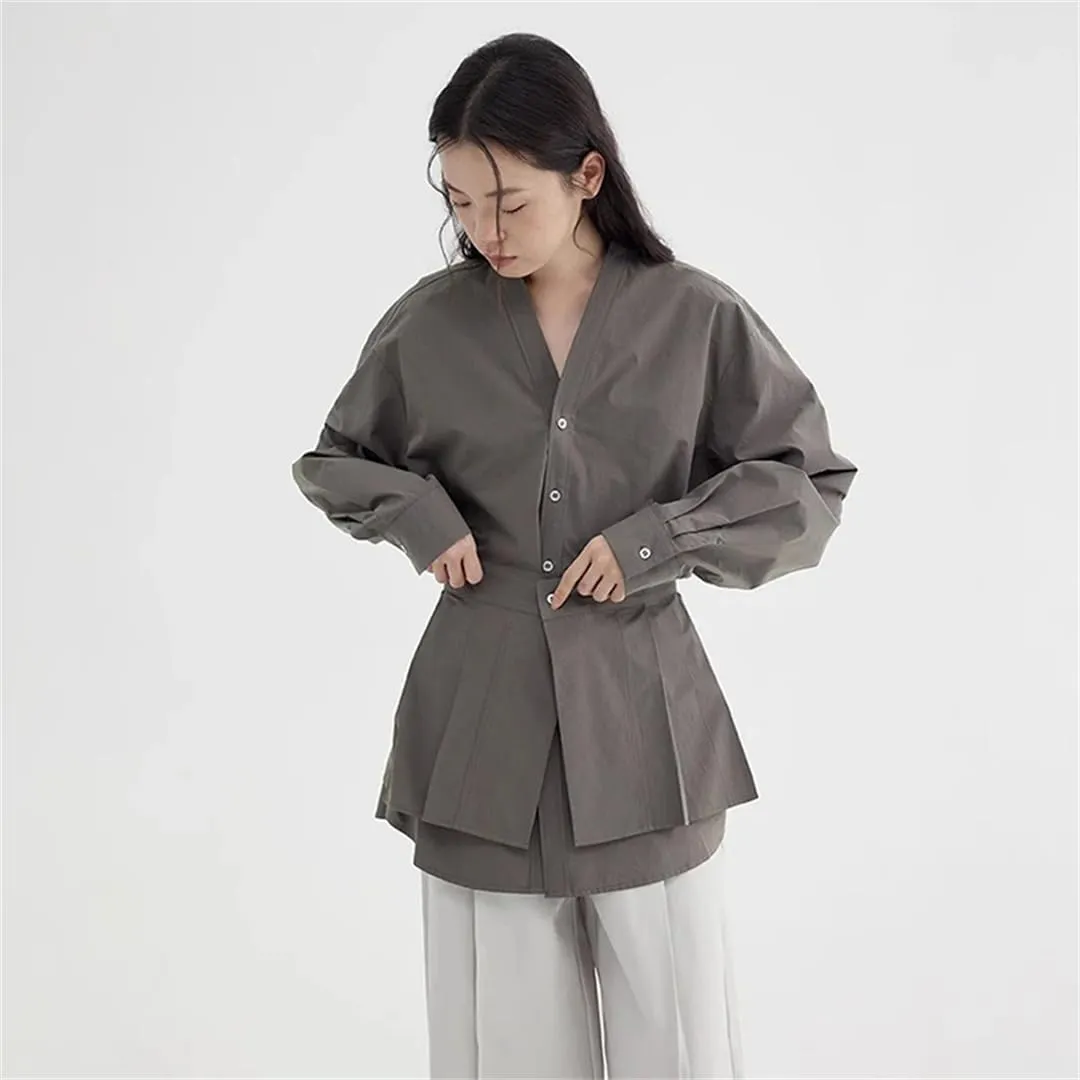 Women's Removable Waist Seal Shirt Lapel Loose Single Braested Long Sleeve Gray Blouse