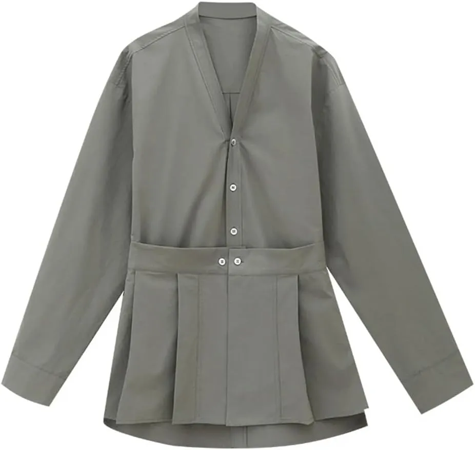 Women's Removable Waist Seal Shirt Lapel Loose Single Braested Long Sleeve Gray Blouse