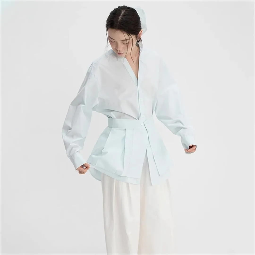 Women's Removable Waist Seal Shirt Lapel Loose Single Braested Long Sleeve Gray Blouse