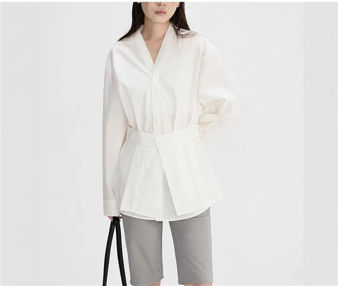 Women's Removable Waist Seal Shirt Lapel Loose Single Braested Long Sleeve Gray Blouse