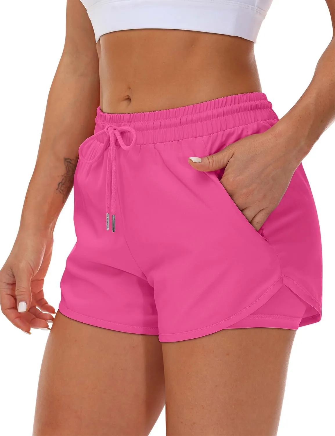 Women's Running Shorts with Liner 3 Zipper Pockets Elastic Workout Athletic Gym Yoga Shorts