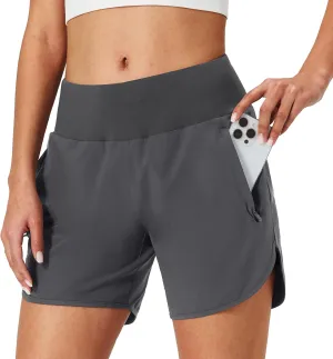 Womens Running Shorts Zipper Pockets High Waisted Quick Dry Athletic Workout Shorts with Liner