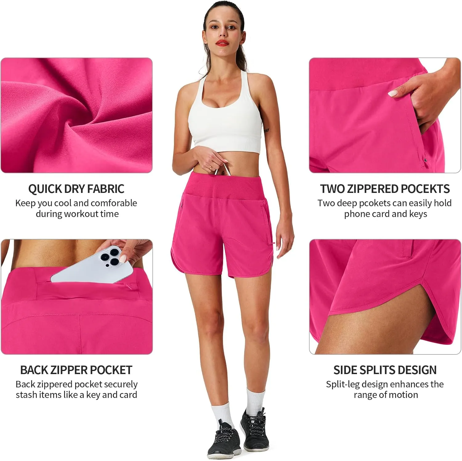 Womens Running Shorts Zipper Pockets High Waisted Quick Dry Athletic Workout Shorts with Liner