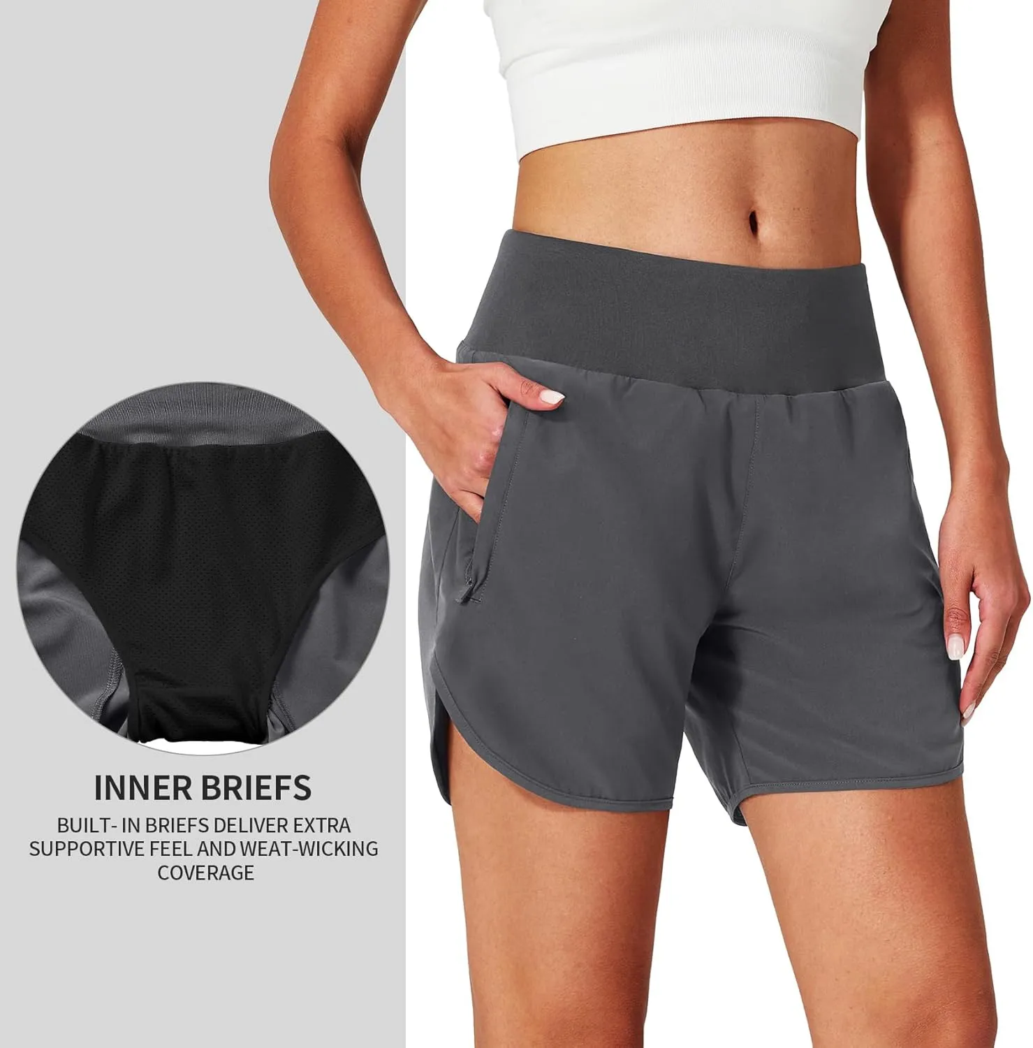 Womens Running Shorts Zipper Pockets High Waisted Quick Dry Athletic Workout Shorts with Liner