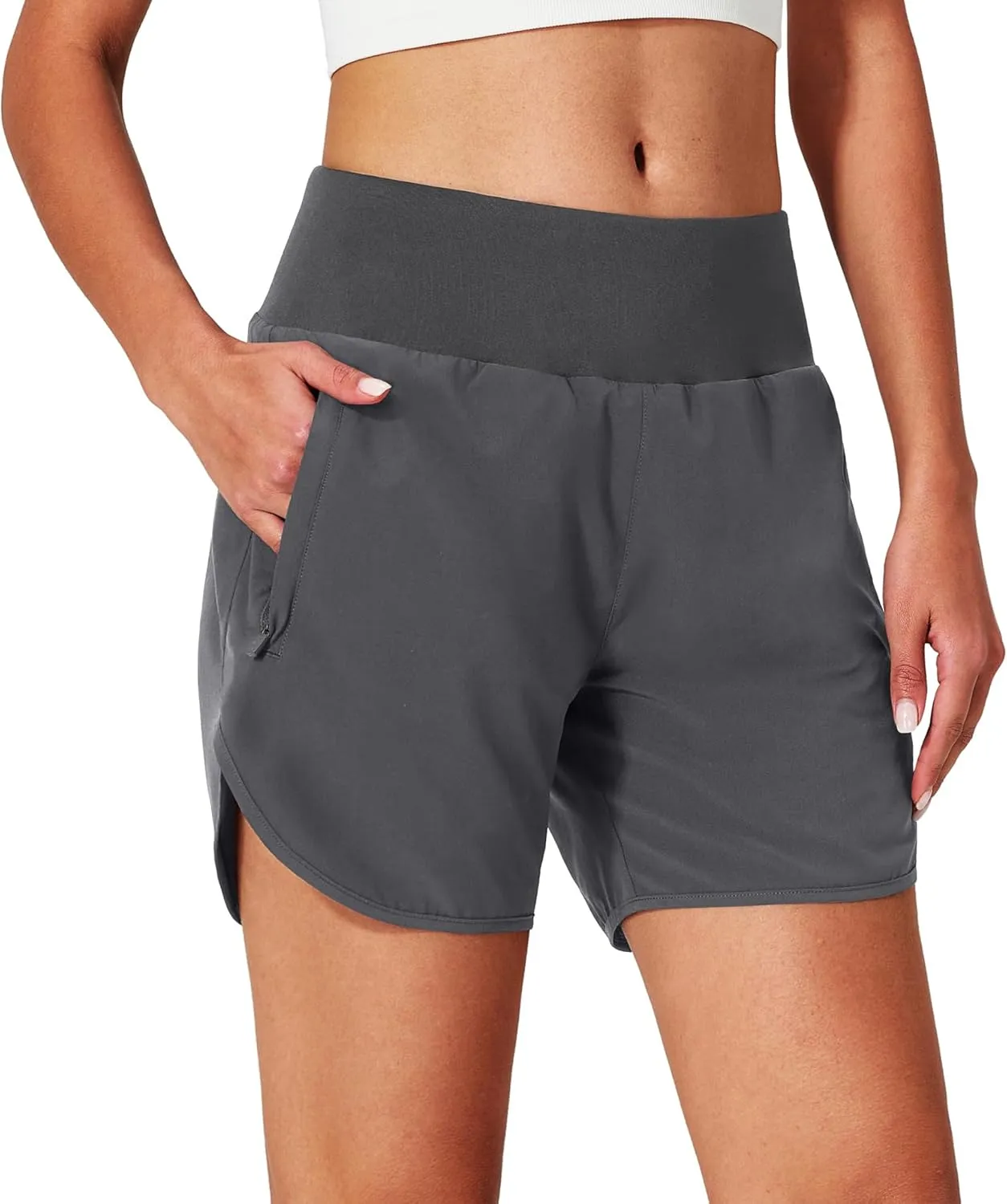 Womens Running Shorts Zipper Pockets High Waisted Quick Dry Athletic Workout Shorts with Liner