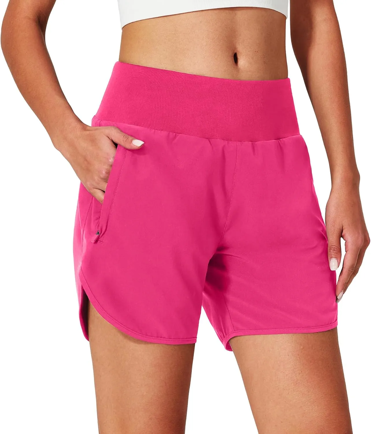 Womens Running Shorts Zipper Pockets High Waisted Quick Dry Athletic Workout Shorts with Liner