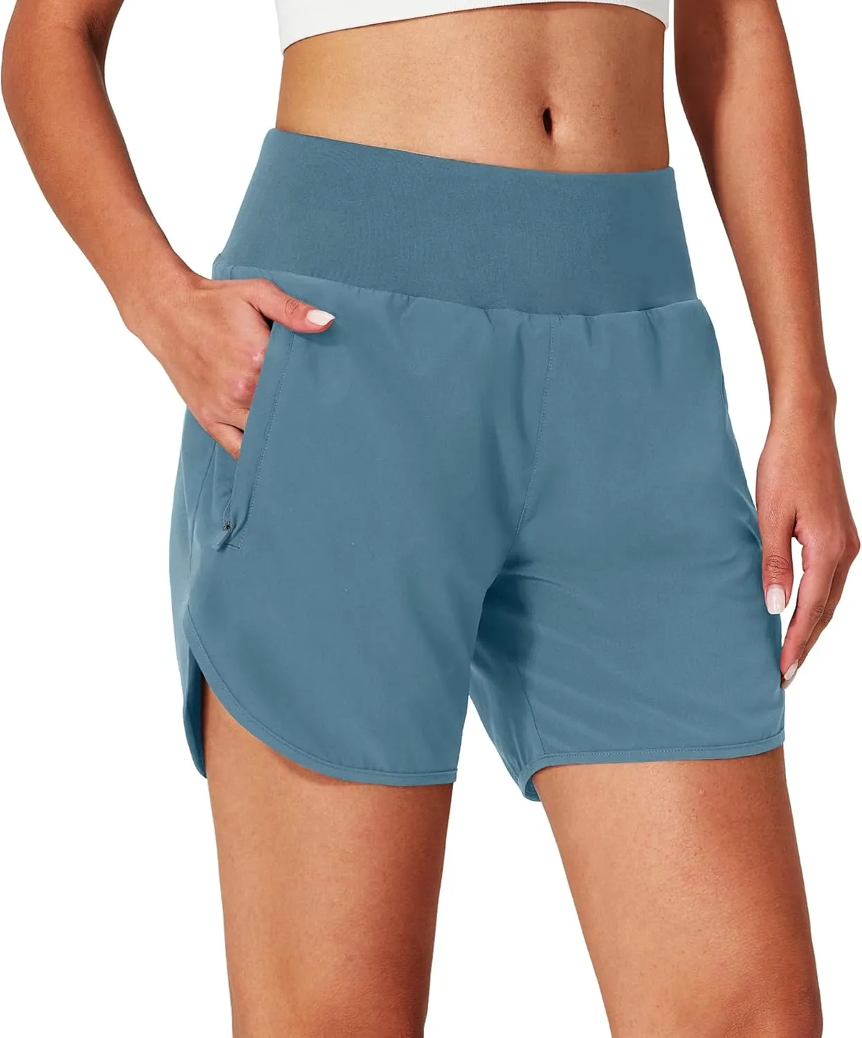 Womens Running Shorts Zipper Pockets High Waisted Quick Dry Athletic Workout Shorts with Liner