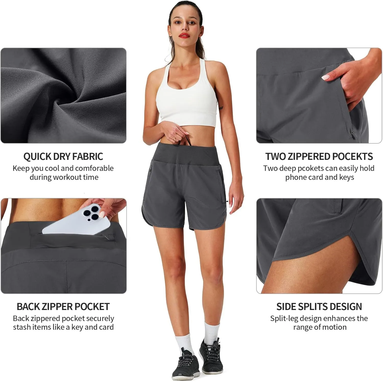 Womens Running Shorts Zipper Pockets High Waisted Quick Dry Athletic Workout Shorts with Liner