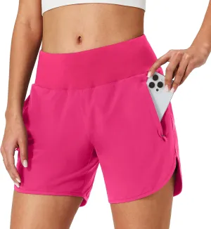 Womens Running Shorts Zipper Pockets High Waisted Quick Dry Athletic Workout Shorts with Liner