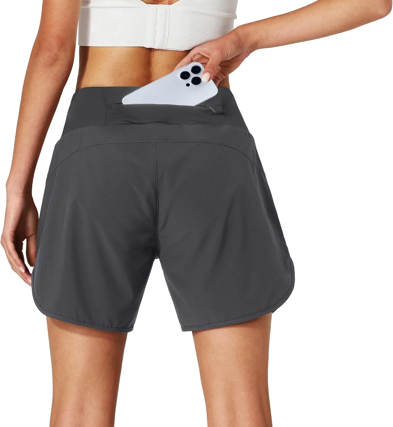 Womens Running Shorts Zipper Pockets High Waisted Quick Dry Athletic Workout Shorts with Liner