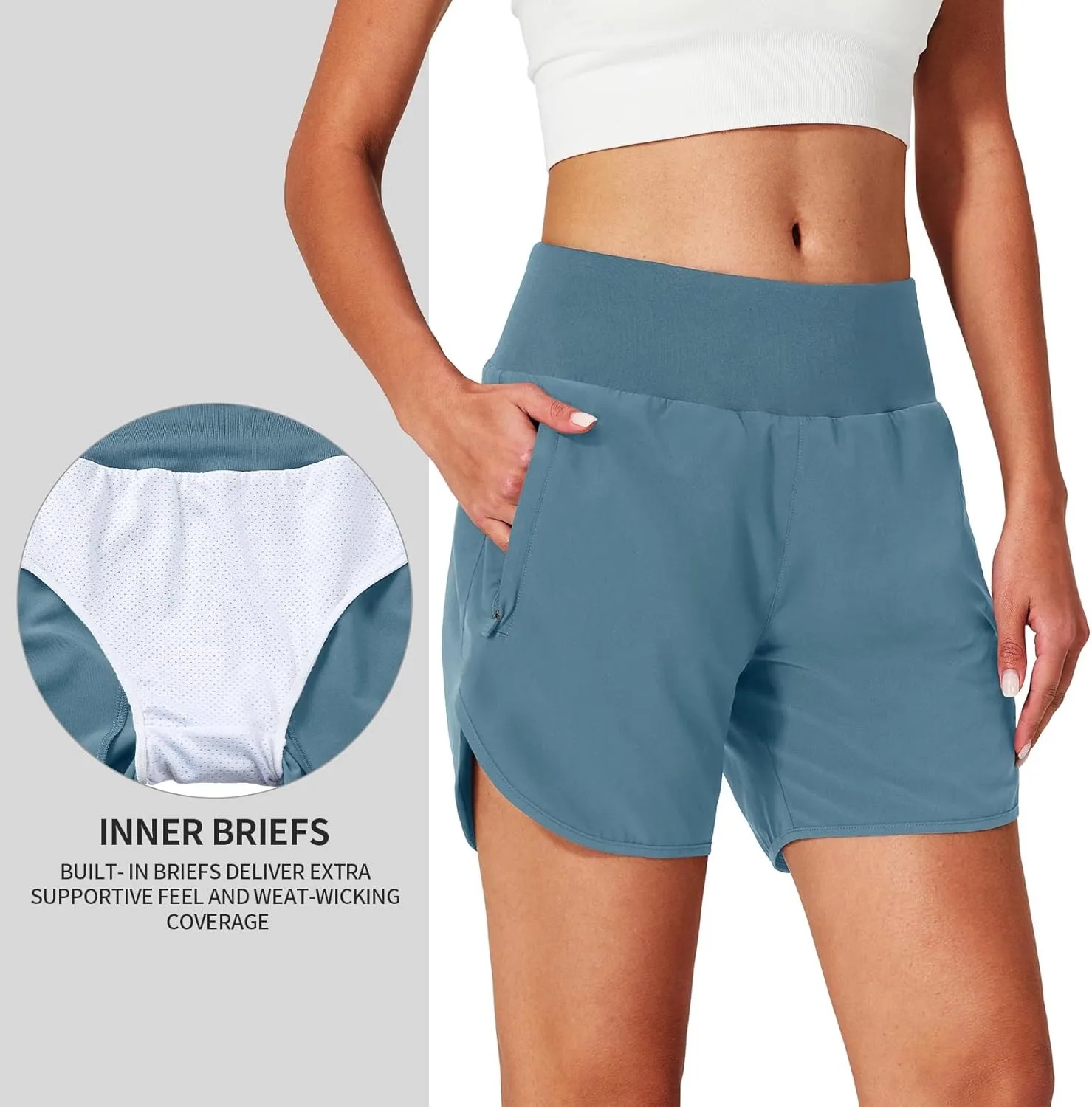 Womens Running Shorts Zipper Pockets High Waisted Quick Dry Athletic Workout Shorts with Liner