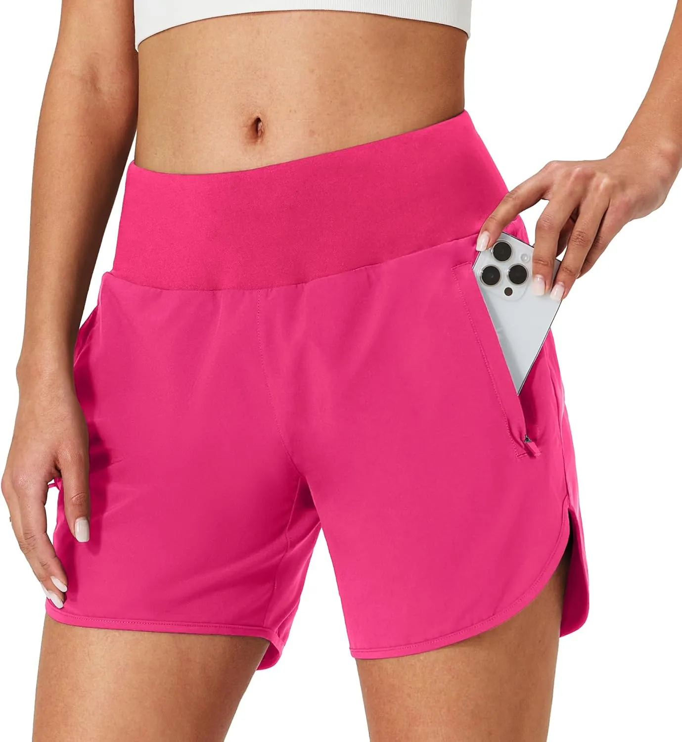 Womens Running Shorts Zipper Pockets High Waisted Quick Dry Athletic Workout Shorts with Liner