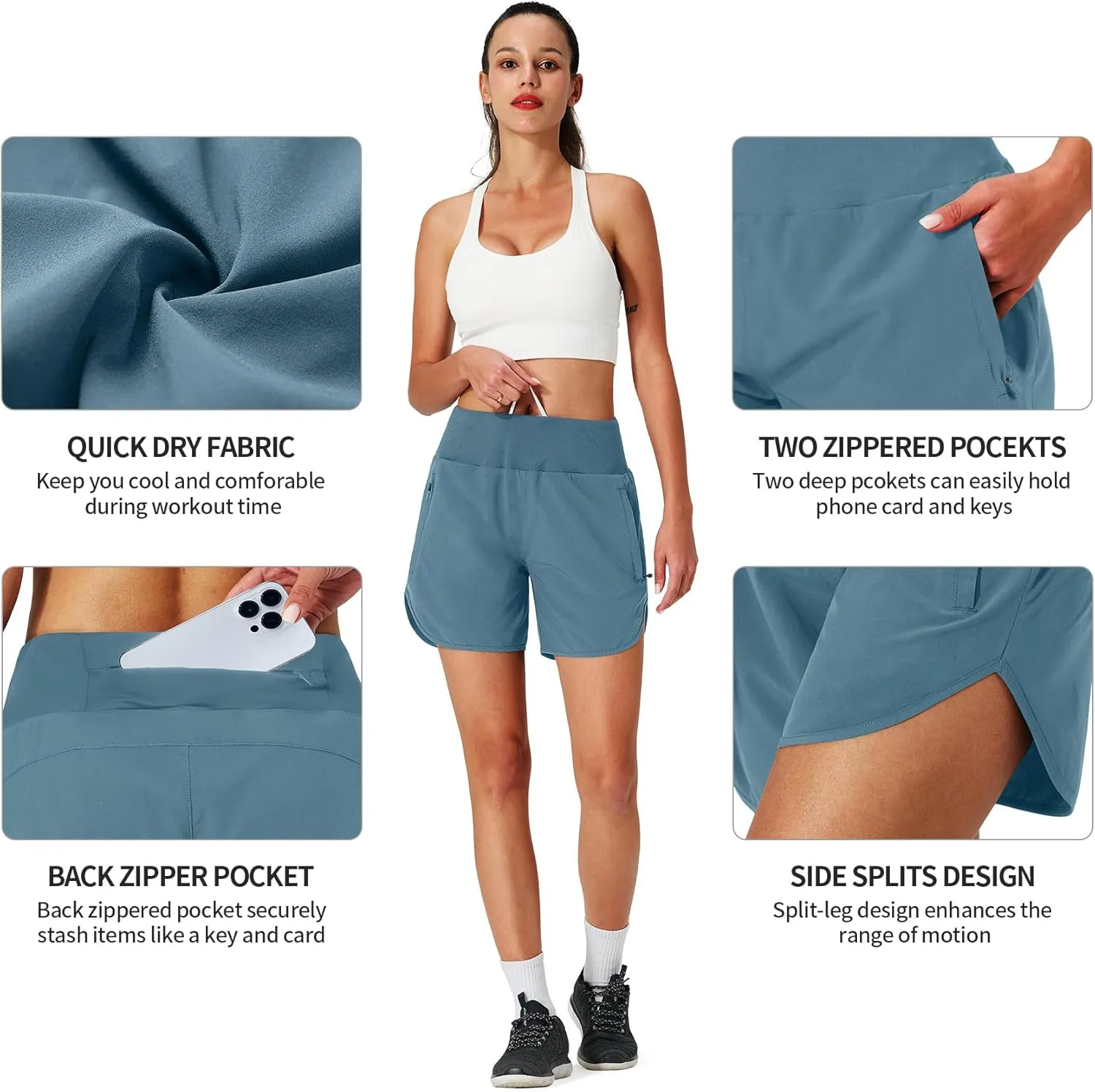 Womens Running Shorts Zipper Pockets High Waisted Quick Dry Athletic Workout Shorts with Liner