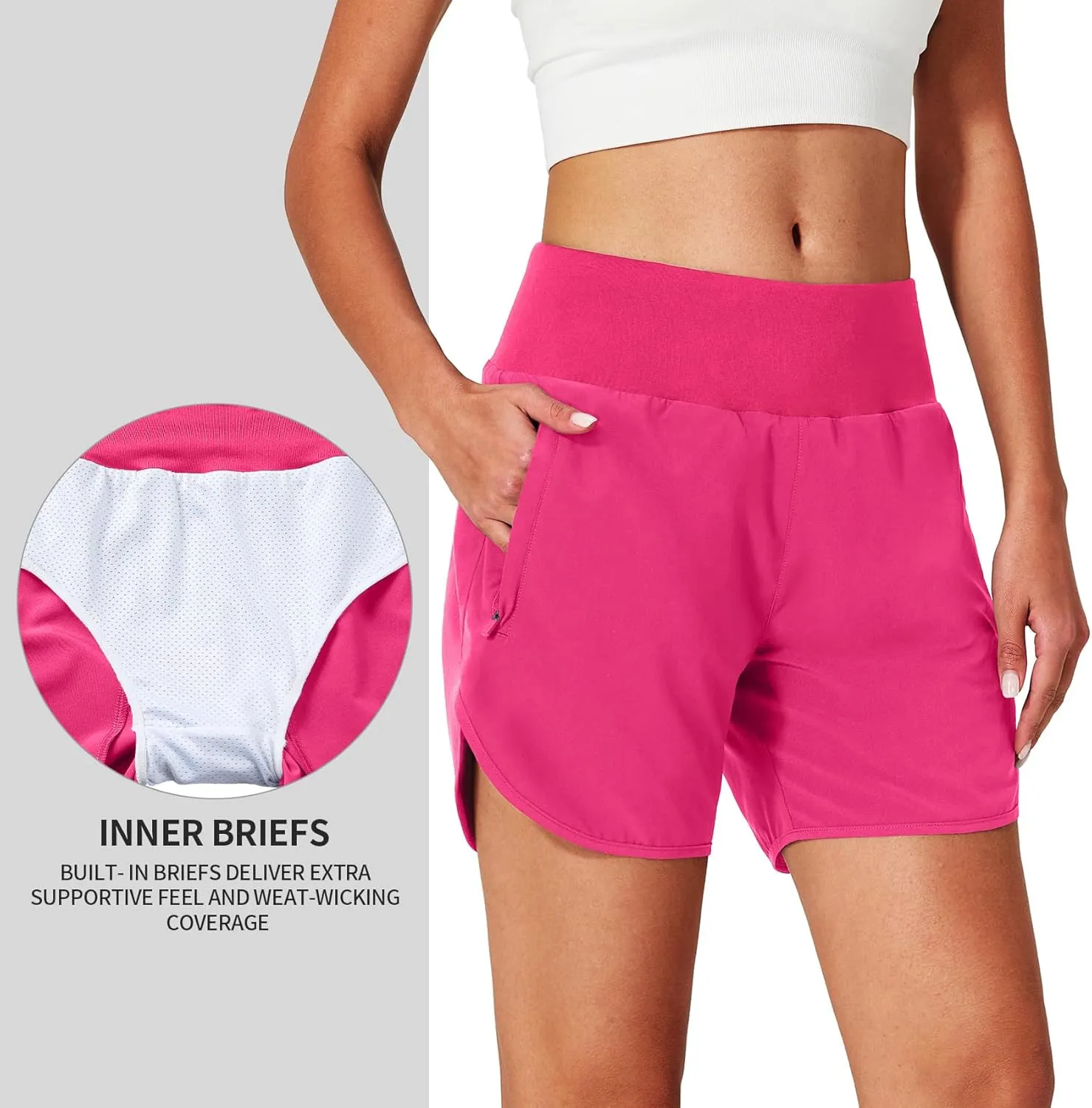Womens Running Shorts Zipper Pockets High Waisted Quick Dry Athletic Workout Shorts with Liner