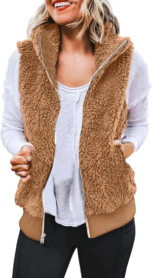 Women's Sherpa Fleece Vest Sleeveless Jacket Open Front Cardigan Lightweight Loose Waistcoat Outerwear Plus Size