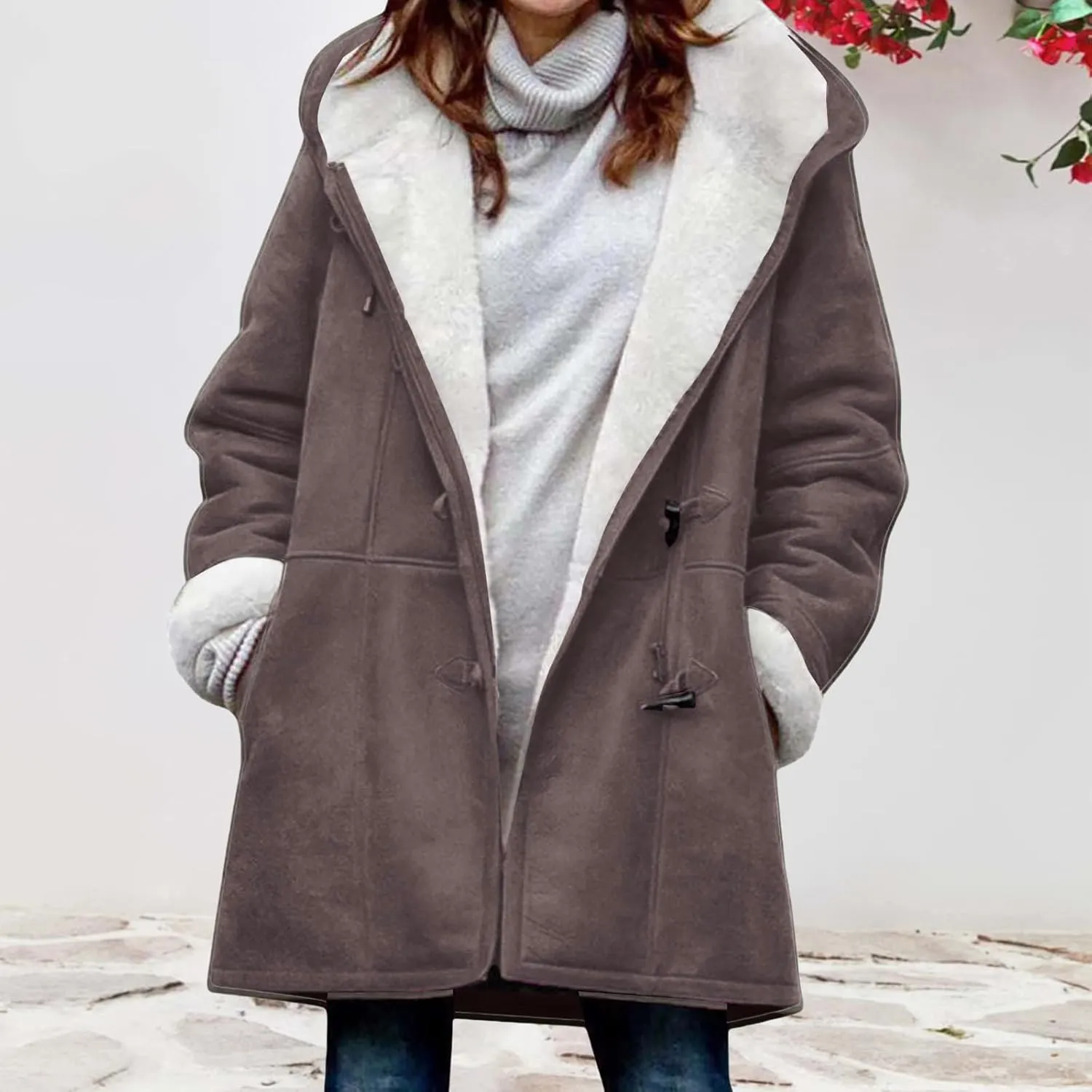 Womens Sherpa Lined Jackets Plus Size Winter Coats Faux Suede Pea Coat Warm Fleece Parka Outerwear