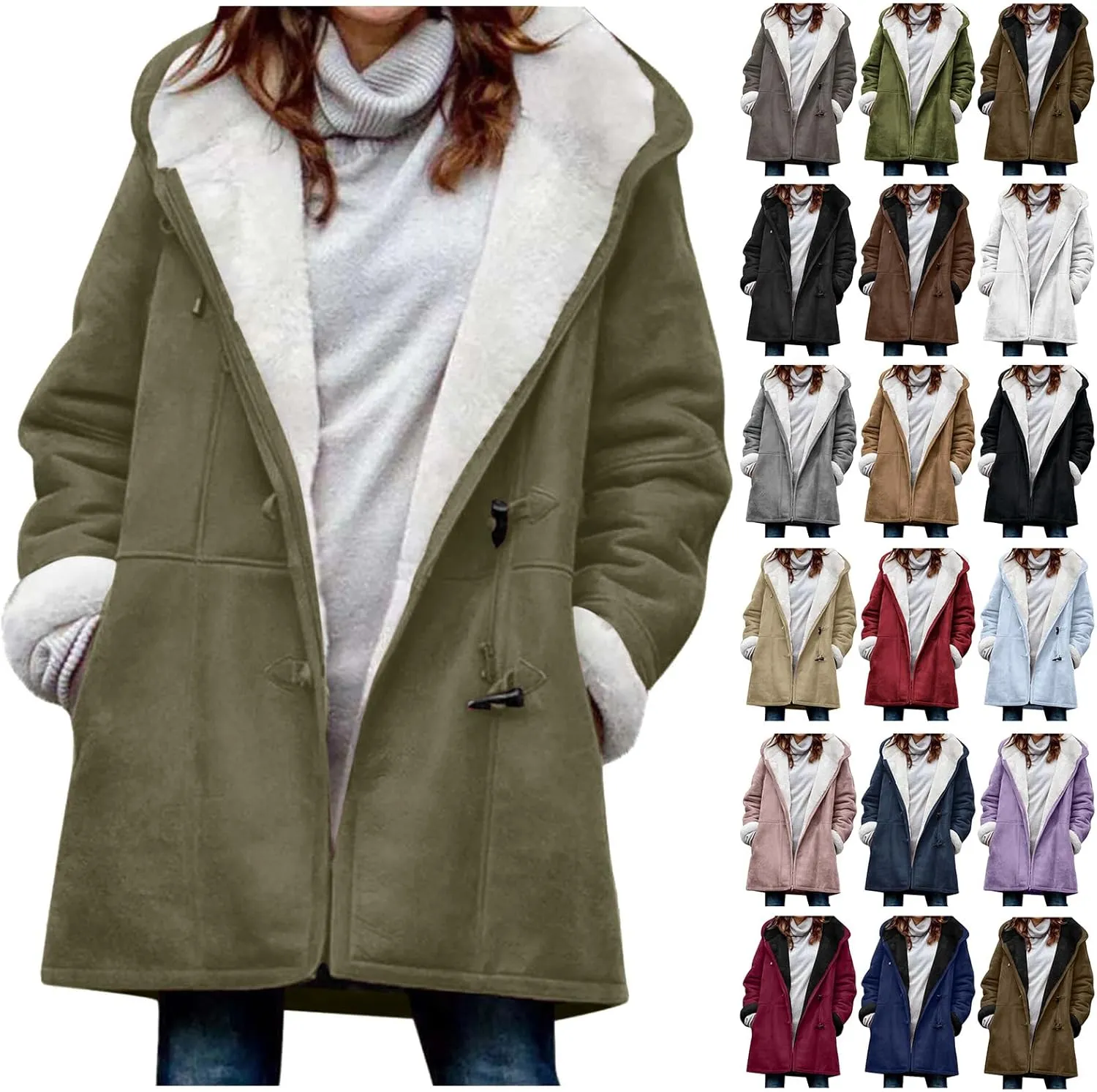 Womens Sherpa Lined Jackets Plus Size Winter Coats Faux Suede Pea Coat Warm Fleece Parka Outerwear