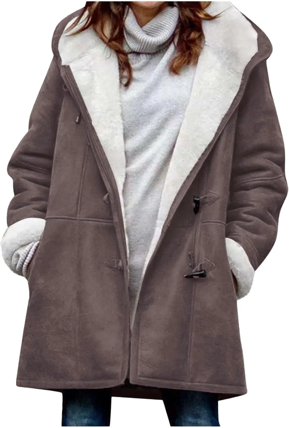 Womens Sherpa Lined Jackets Plus Size Winter Coats Faux Suede Pea Coat Warm Fleece Parka Outerwear