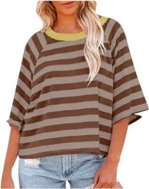 Womens Striped T Shirts Oversized Crewneck 3/4 Sleeve Tops Spring Casual Blouse Color Block Basic Sports Tees Blouses