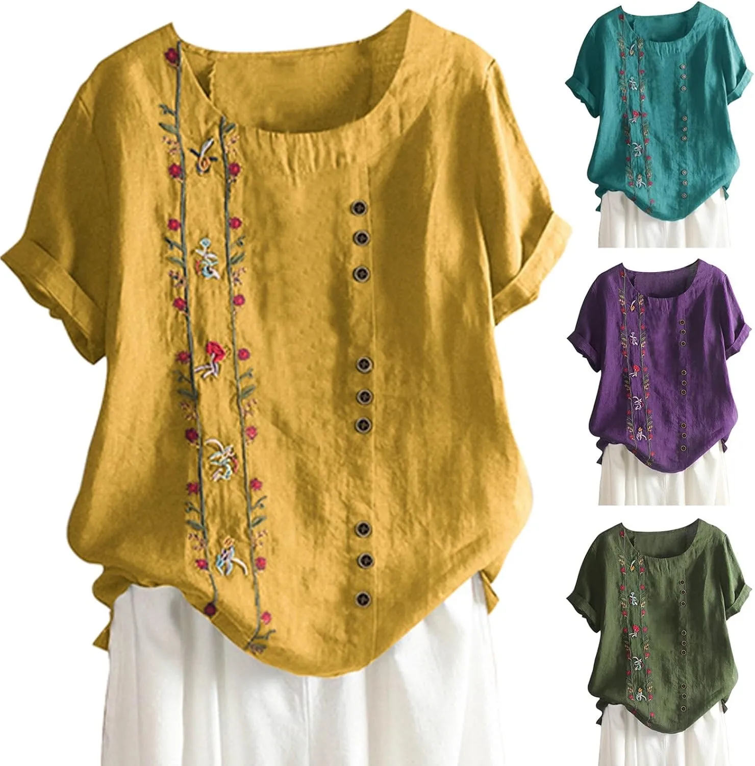 Womens Summer Tops Casual Cotton Linen T-Shirts Short Sleeve Round Neck Shirt Oversized Floral Graphic Tees