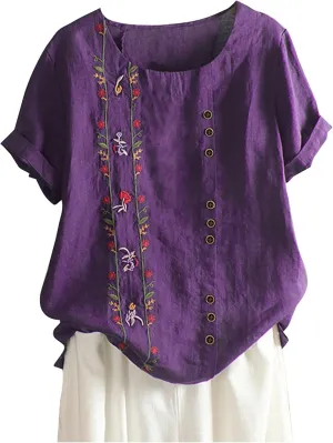 Womens Summer Tops Casual Cotton Linen T-Shirts Short Sleeve Round Neck Shirt Oversized Floral Graphic Tees