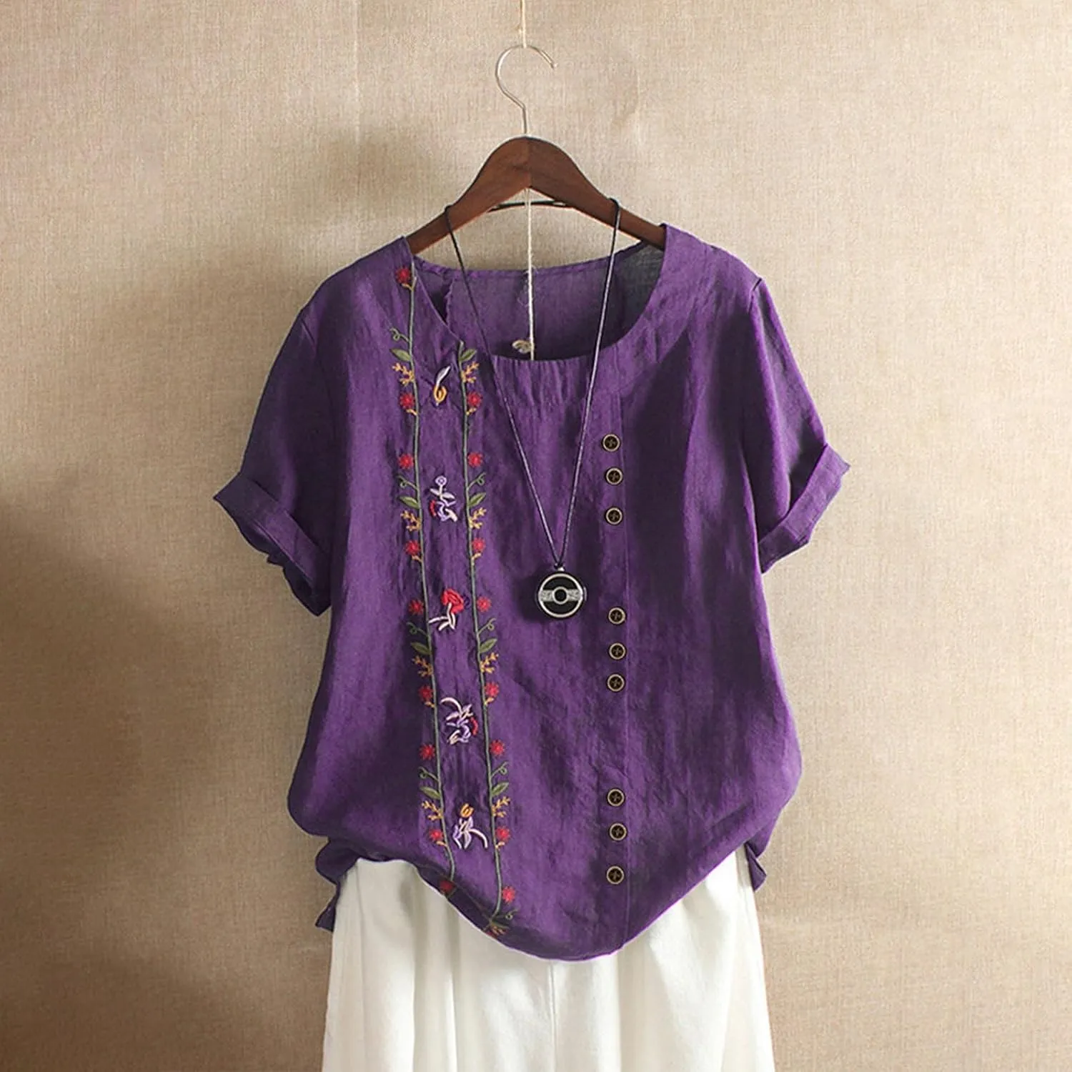 Womens Summer Tops Casual Cotton Linen T-Shirts Short Sleeve Round Neck Shirt Oversized Floral Graphic Tees