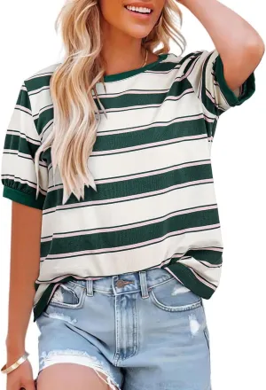 Womens Summer Tops Striped Basic Color Block Short Sleeve T-Shirts Crewneck Casual Loose Tee Blouses