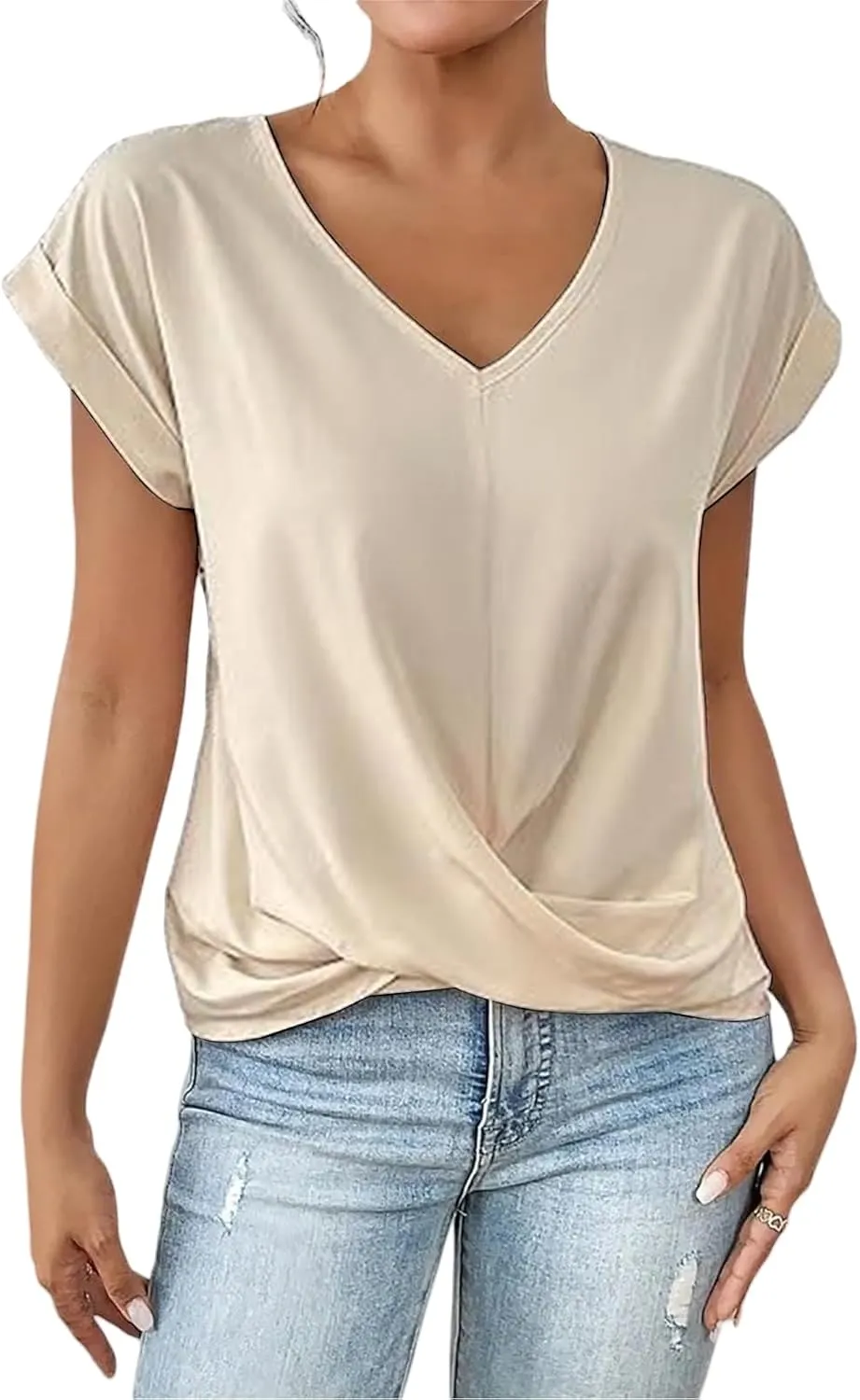Womens Summer Tops Twist Front Shirt Cap Sleeve V Neck t-Shirts Casual Dressy Shirts Loose Fit tees Elegant Blouses