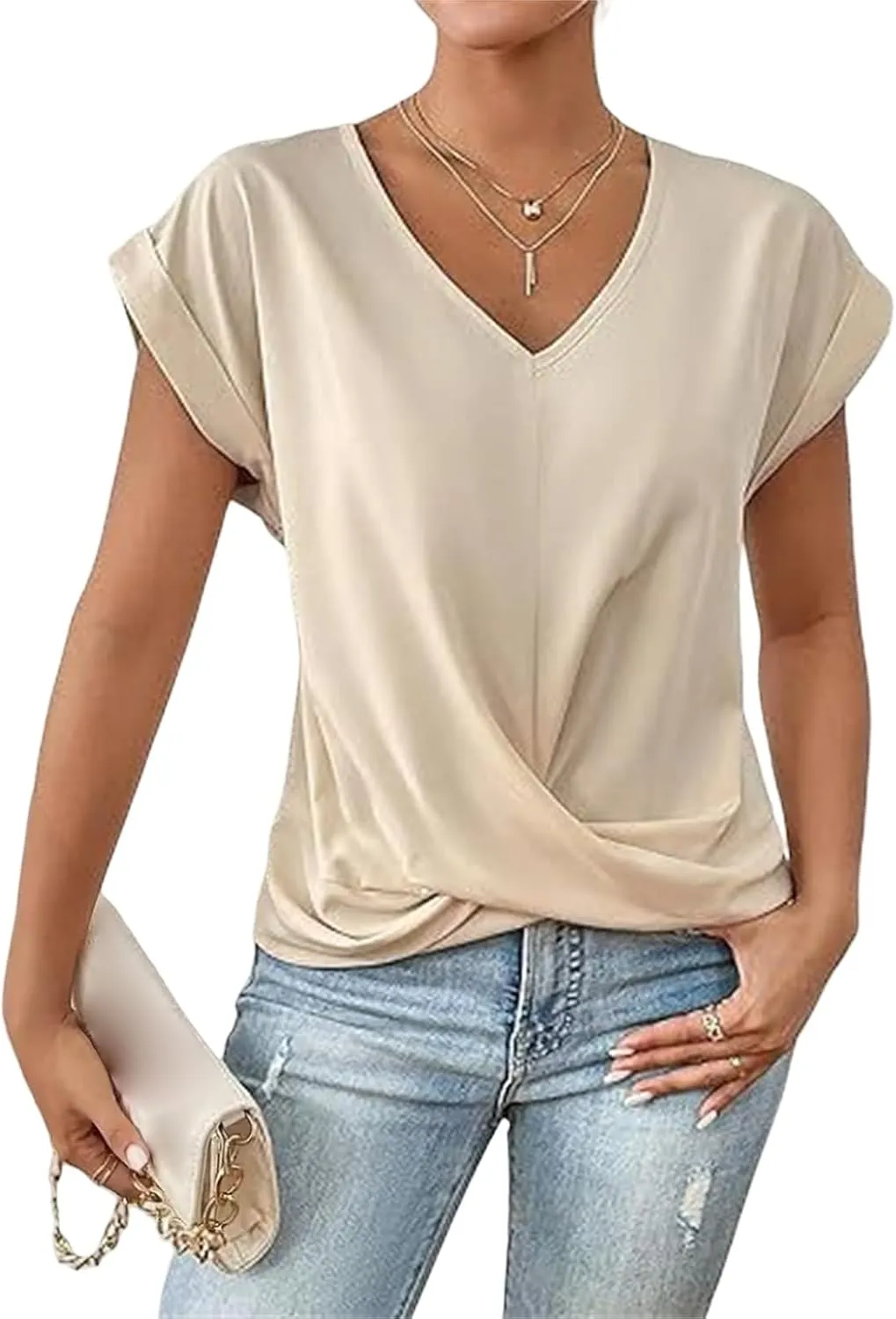 Womens Summer Tops Twist Front Shirt Cap Sleeve V Neck t-Shirts Casual Dressy Shirts Loose Fit tees Elegant Blouses