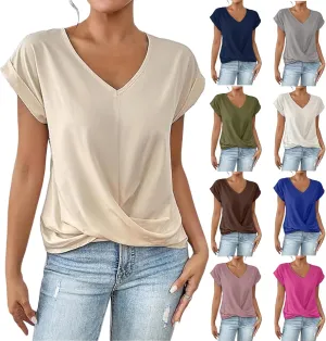 Womens Summer Tops Twist Front Shirt Cap Sleeve V Neck t-Shirts Casual Dressy Shirts Loose Fit tees Elegant Blouses