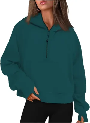 Womens Sweatshirts Half Zip Cropped Pullover Fleece Quarter Zipper Hoodies Spring Outfits Clothes Thumb Hole