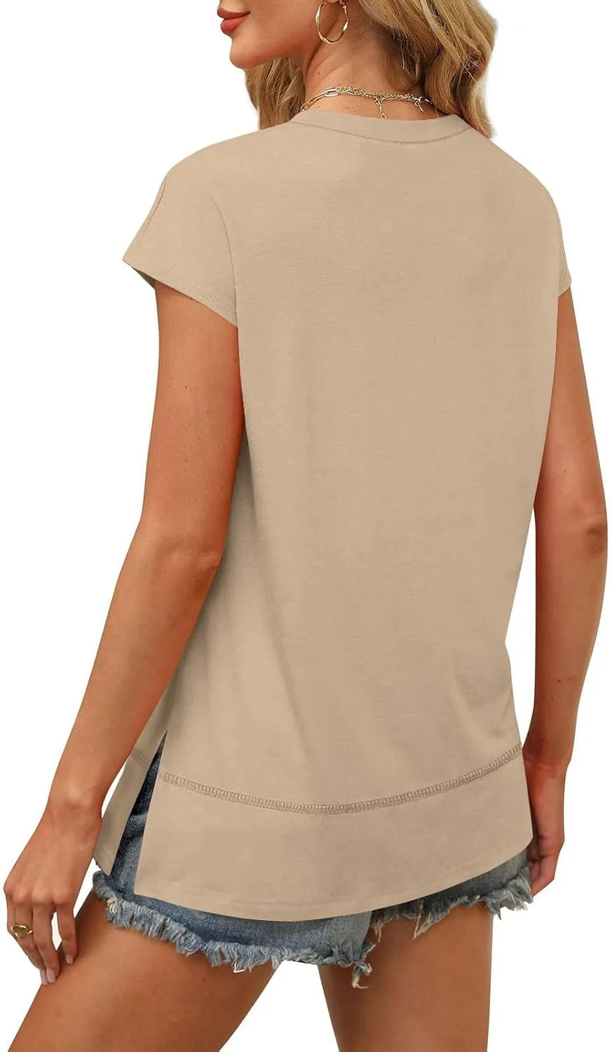 Womens Tops Fashion Cap Sleeves Round Neck Side Slit Solid Color Loose Comfy Casual Summer Outdoor Walking T-Shirts
