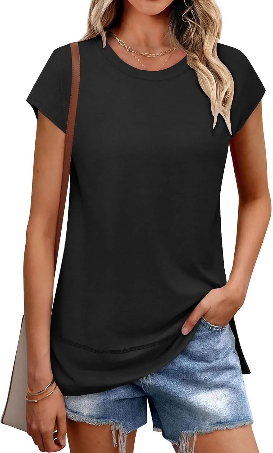 Womens Tops Fashion Cap Sleeves Round Neck Side Slit Solid Color Loose Comfy Casual Summer Outdoor Walking T-Shirts