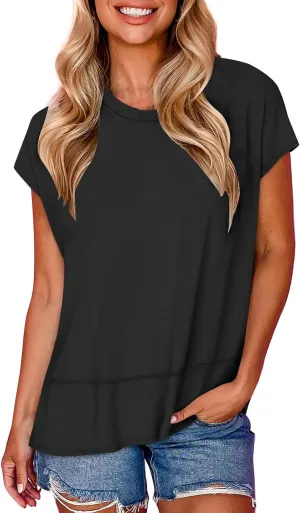 Womens Tops Fashion Cap Sleeves Round Neck Side Slit Solid Color Loose Comfy Casual Summer Outdoor Walking T-Shirts