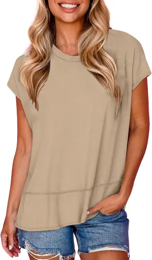 Womens Tops Fashion Cap Sleeves Round Neck Side Slit Solid Color Loose Comfy Casual Summer Outdoor Walking T-Shirts