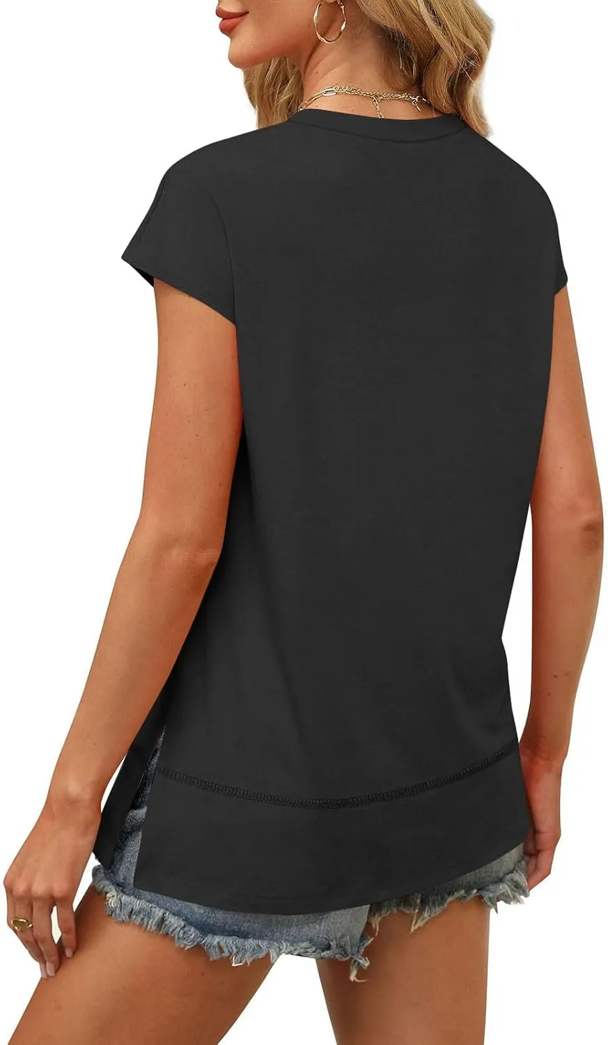 Womens Tops Fashion Cap Sleeves Round Neck Side Slit Solid Color Loose Comfy Casual Summer Outdoor Walking T-Shirts
