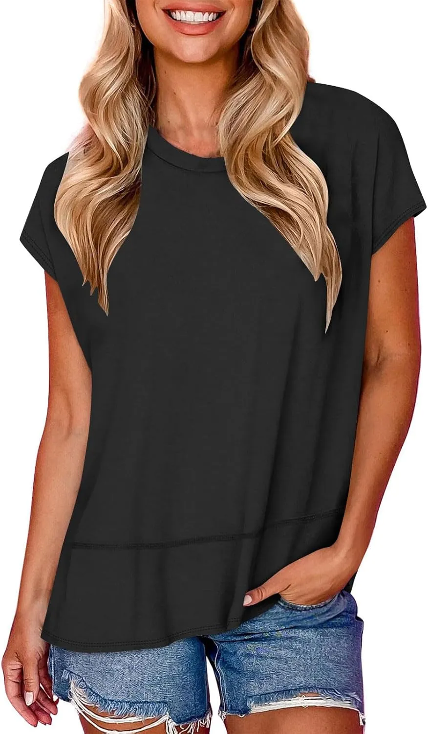 Womens Tops Fashion Cap Sleeves Round Neck Side Slit Solid Color Loose Comfy Casual Summer Outdoor Walking T-Shirts