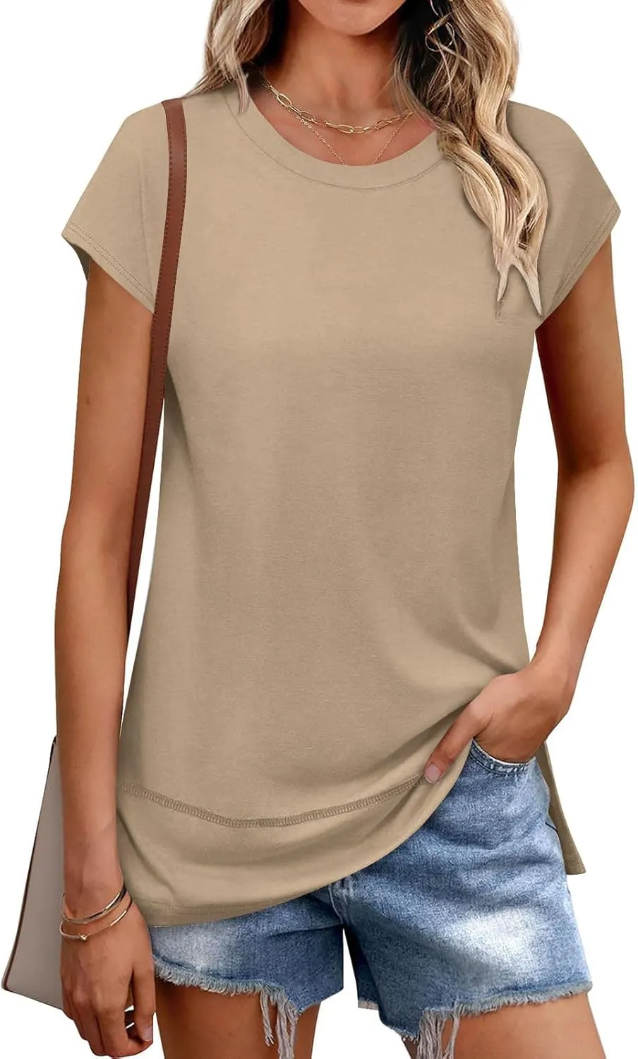 Womens Tops Fashion Cap Sleeves Round Neck Side Slit Solid Color Loose Comfy Casual Summer Outdoor Walking T-Shirts