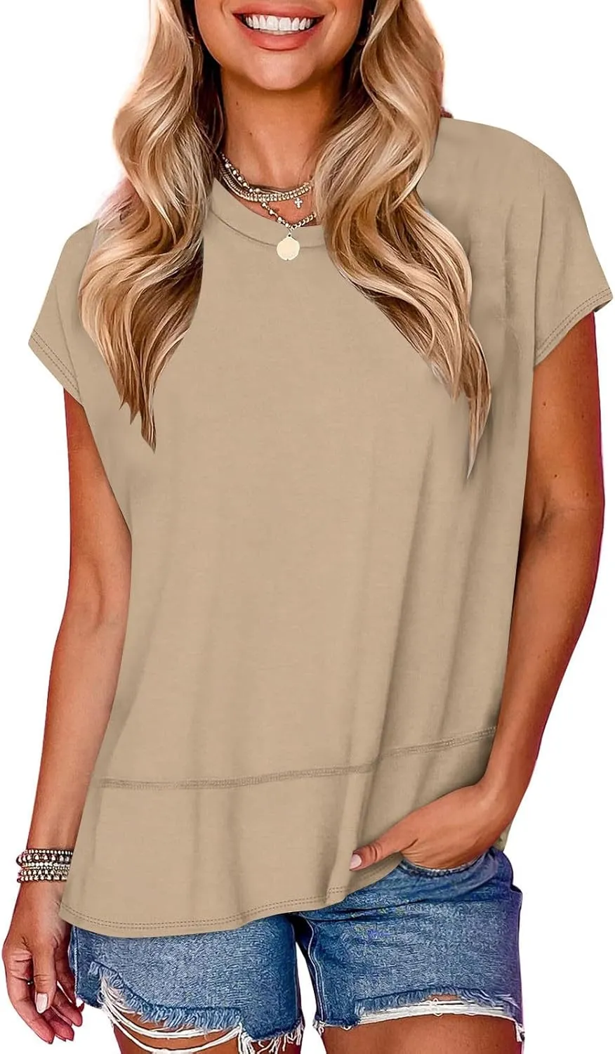 Womens Tops Fashion Cap Sleeves Round Neck Side Slit Solid Color Loose Comfy Casual Summer Outdoor Walking T-Shirts