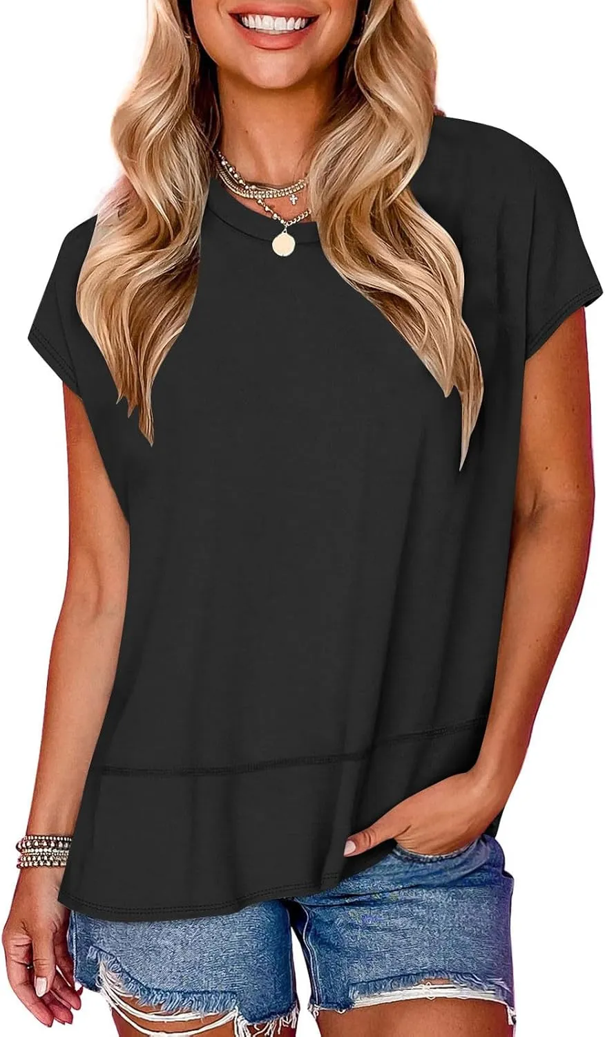 Womens Tops Fashion Cap Sleeves Round Neck Side Slit Solid Color Loose Comfy Casual Summer Outdoor Walking T-Shirts