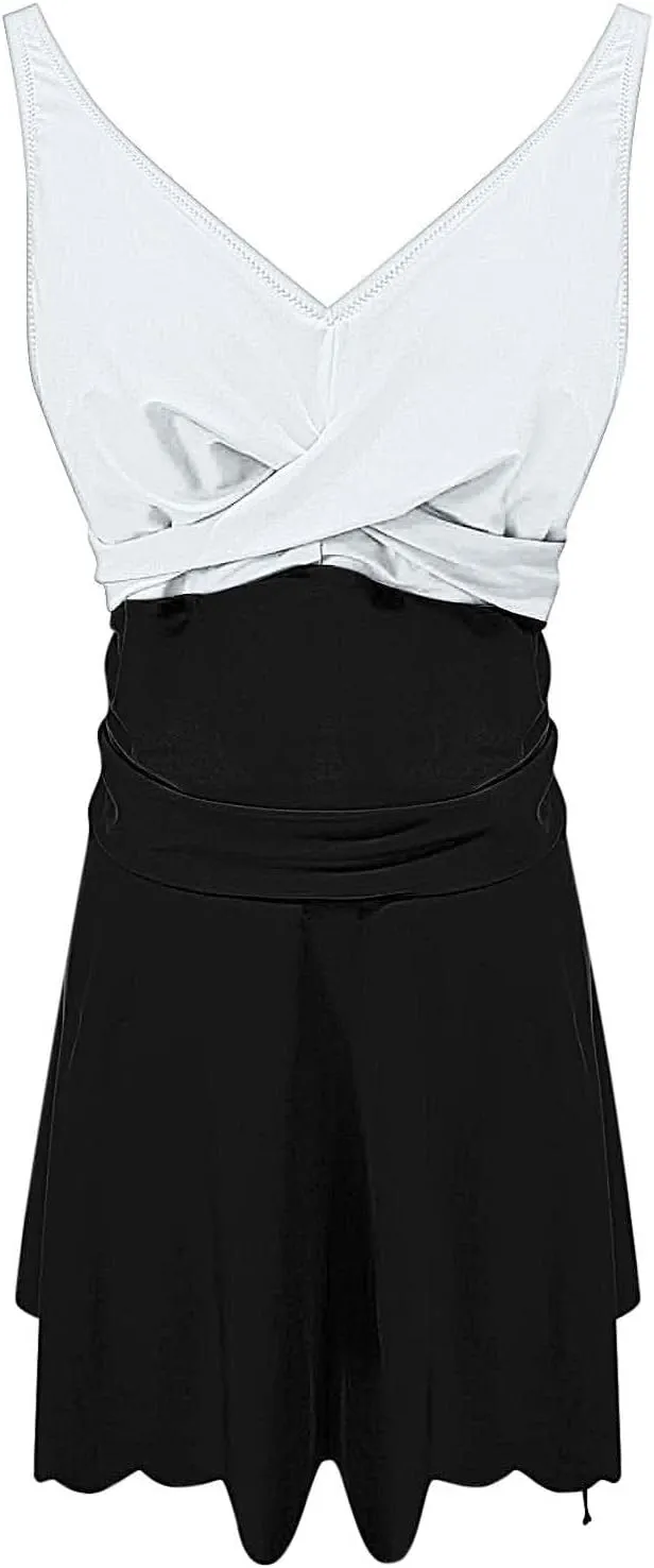 Women's Tummy Control Swim Dress V-Neck Cross-Twist Front Ruched Skirt Push Up Modest A-Line Bathing Suit Swimwear