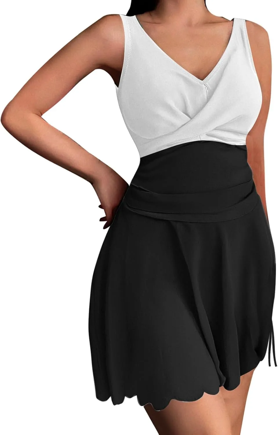 Women's Tummy Control Swim Dress V-Neck Cross-Twist Front Ruched Skirt Push Up Modest A-Line Bathing Suit Swimwear