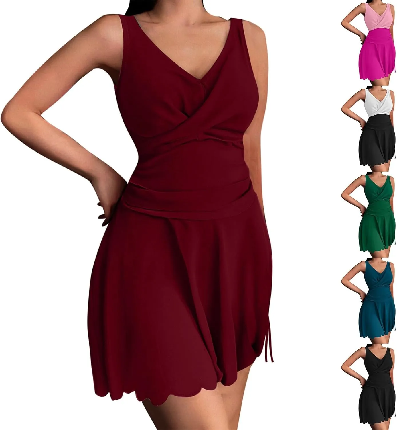 Women's Tummy Control Swim Dress V-Neck Cross-Twist Front Ruched Skirt Push Up Modest A-Line Bathing Suit Swimwear