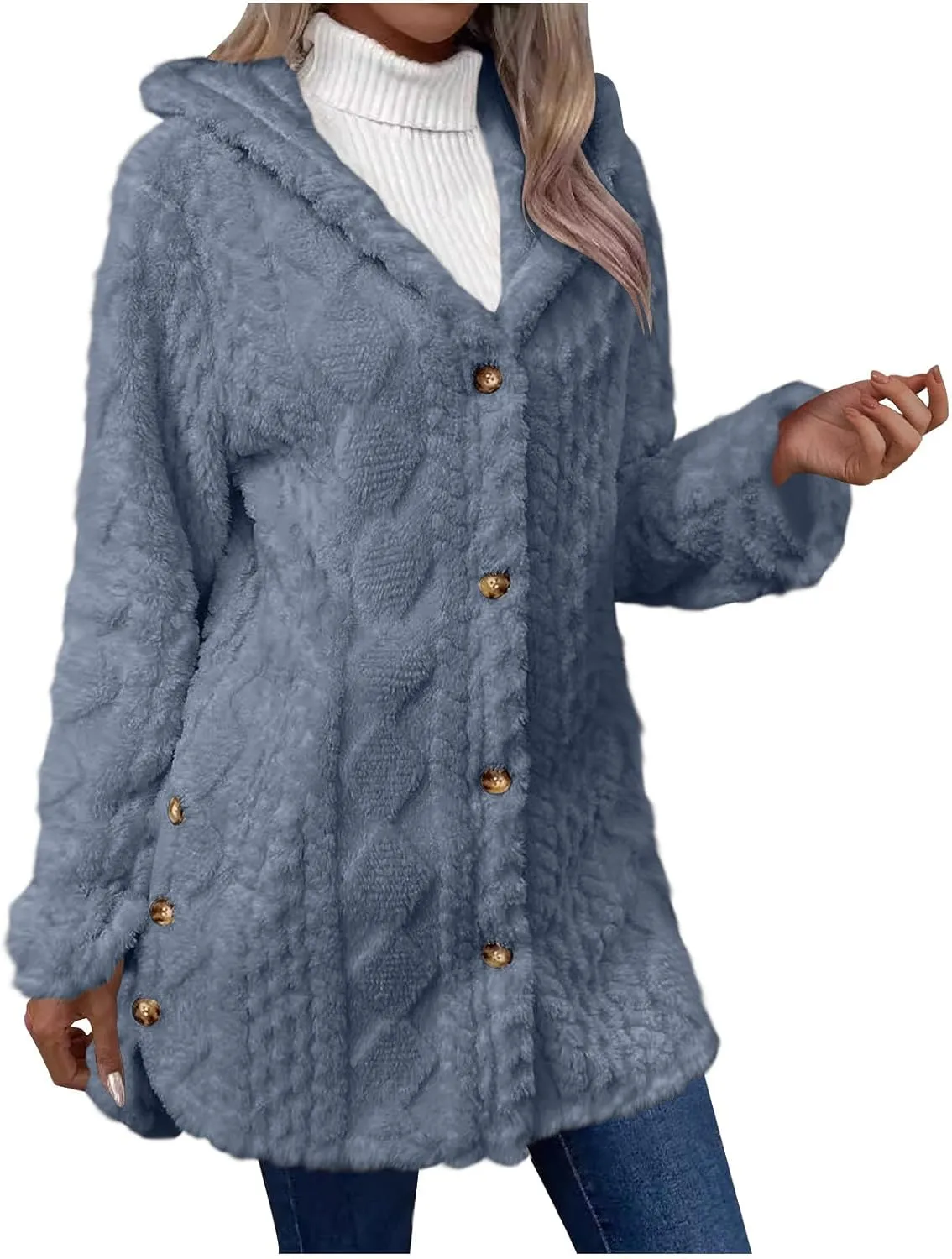 Womens Winter Fuzzy Fleece Coats Long Sleeve Button Hooded Jacket Solid Color Casual Trendy Warm Outerwear Clothes