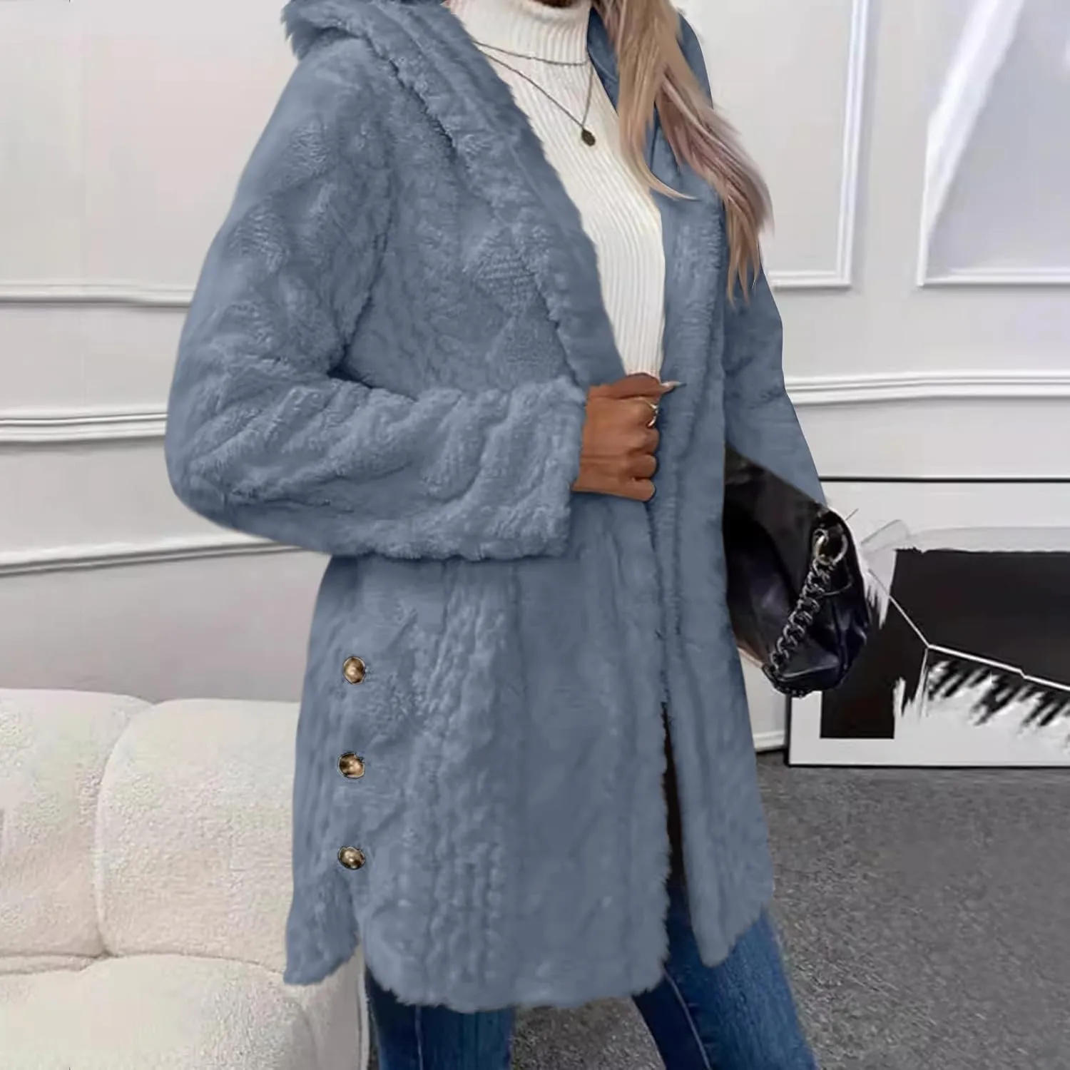Womens Winter Fuzzy Fleece Coats Long Sleeve Button Hooded Jacket Solid Color Casual Trendy Warm Outerwear Clothes